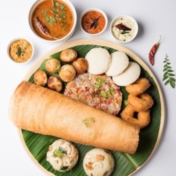 A large platter of Indian food including dosa, idli, vada, and various chutneys and sambar.